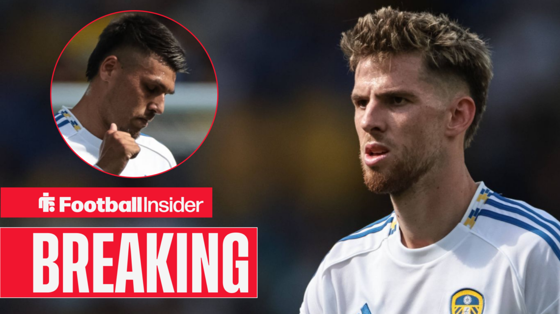 Anton Stach looks at Leeds teammate Joel Piroe in a circular inset with a breaking news banner