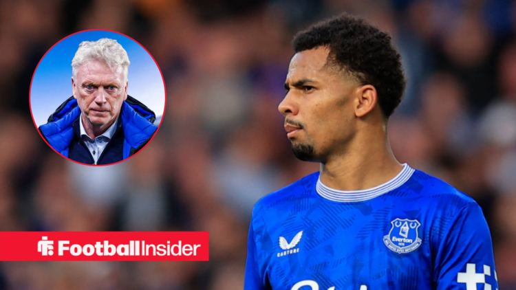 Iliman Ndiaye in an Everton kit, David Moyes in a circular inset.