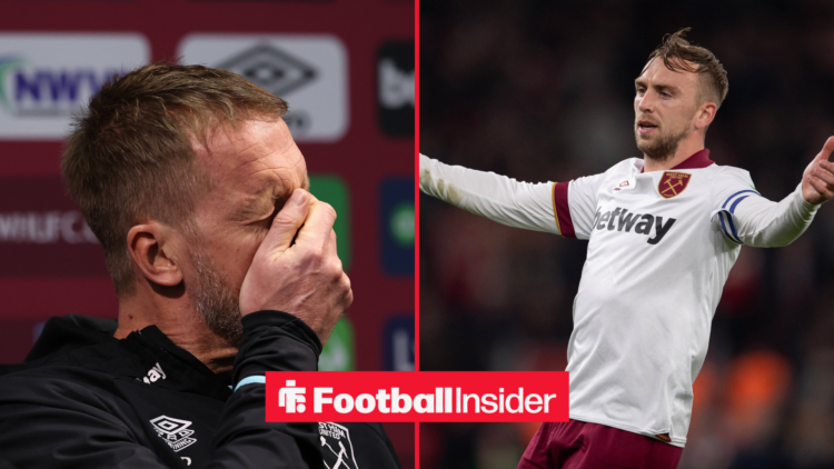 Graham Potter in a black West Ham United tracksuit next to Jarrod Bowen in a white West Ham kit