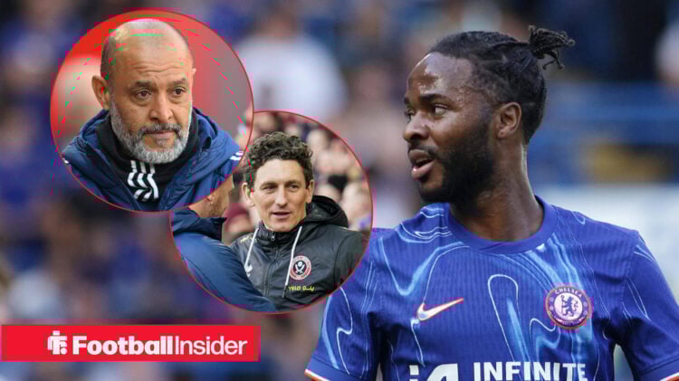 Raheem Sterling in Chelsea kit looks at Nuno Espirito Santo and Keith Andrews