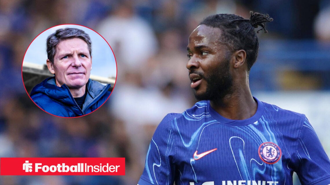 Chelsea player Raheem Sterling while playing in a game and Crystal Palace manager Oliver Glasner looks on from the sidelines