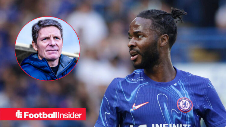 Chelsea player Raheem Sterling while playing in a game and Crystal Palace manager Oliver Glasner looks on from the sidelines