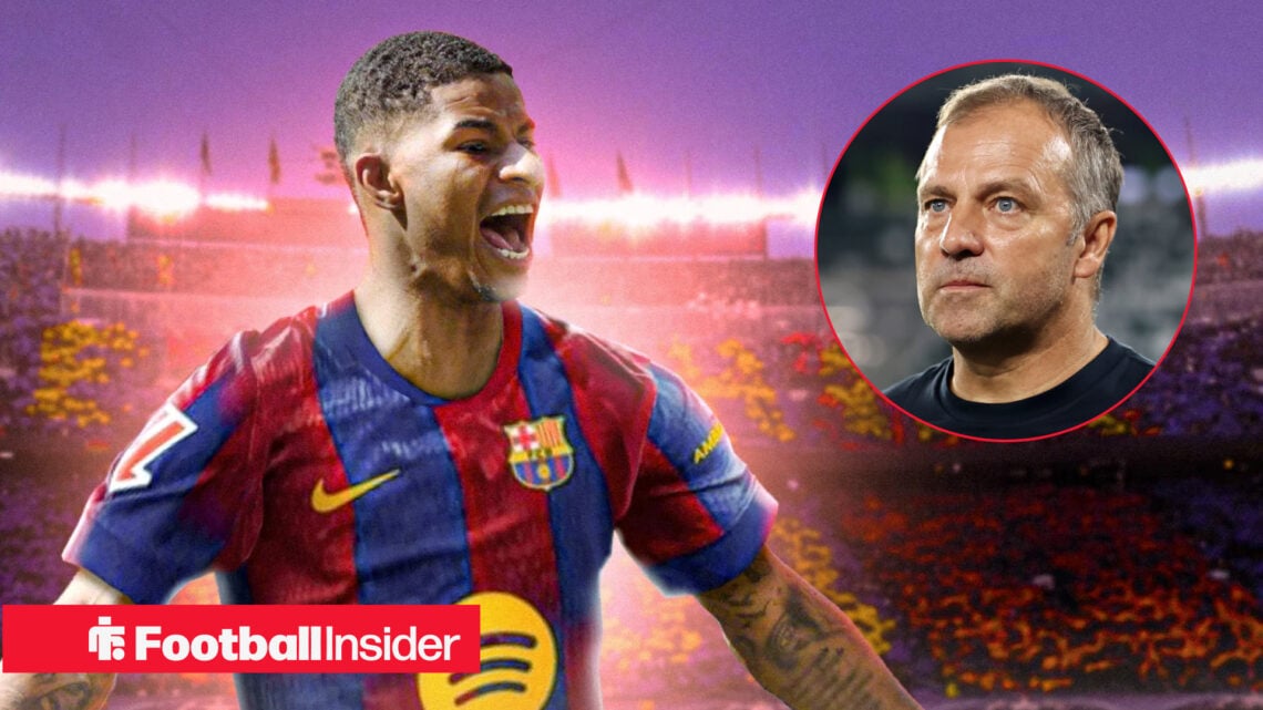 Marcus Rashford of Barcelona celebrating a goal with head coach Hansi Flick watching on