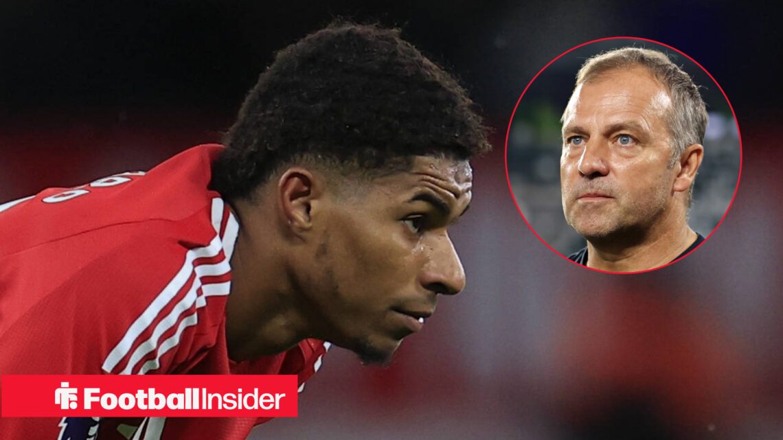 Marcus Rashford in a Man United shirt with Hansi Flick in a circular inset.