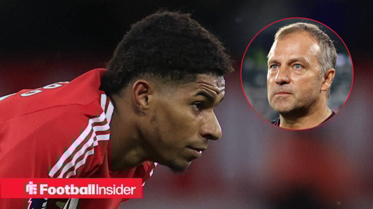 Marcus Rashford in a Man United shirt with Hansi Flick in a circular inset.