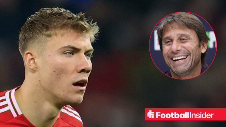 Manchester United striker Rasmus Hojlund, Napoli manager Antonio Conte smiling.