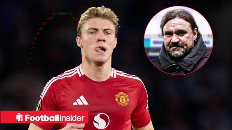 Rasmus Hojlund playing for Man United with Daniel Farke included in a circular inset