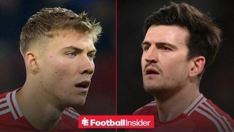 Man United teammates Rasmus Hojlund and Harry Maguire face each other