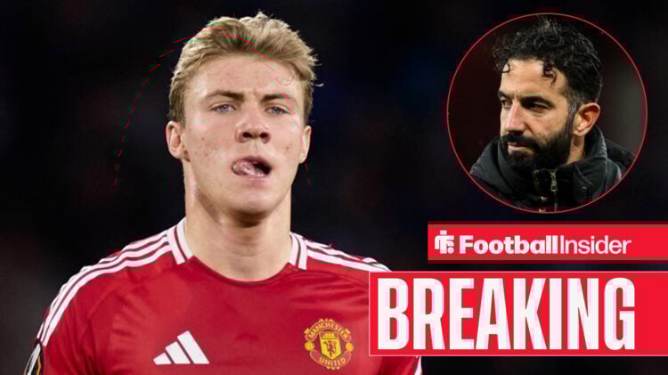 Rasmus Hojlund playing for Man United with Ruben Amorim circular inset