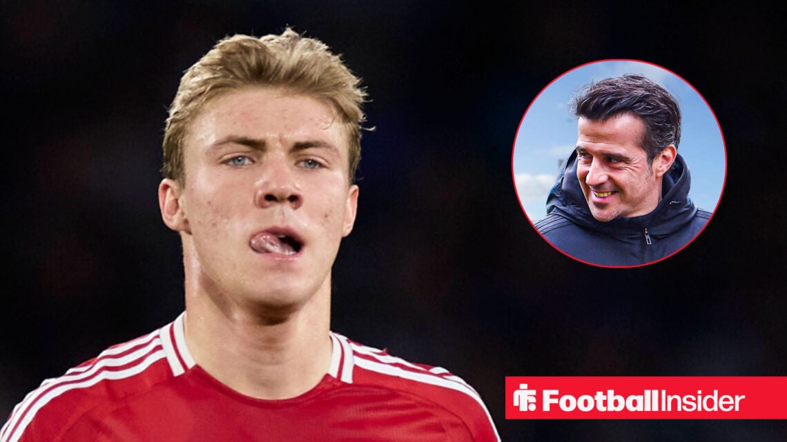 Man United's Rasmus Hojlund in action frowning and Fulham's manager Marco Silva looking at him smiling
