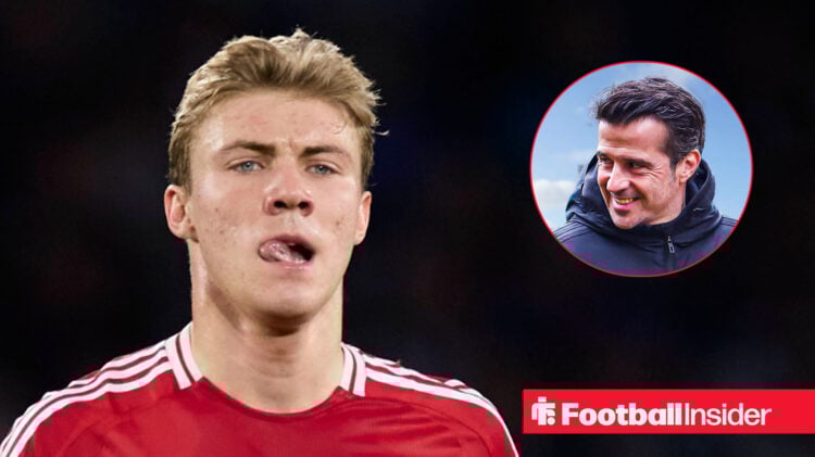 Man United's Rasmus Hojlund in action frowning and Fulham's manager Marco Silva looking at him smiling