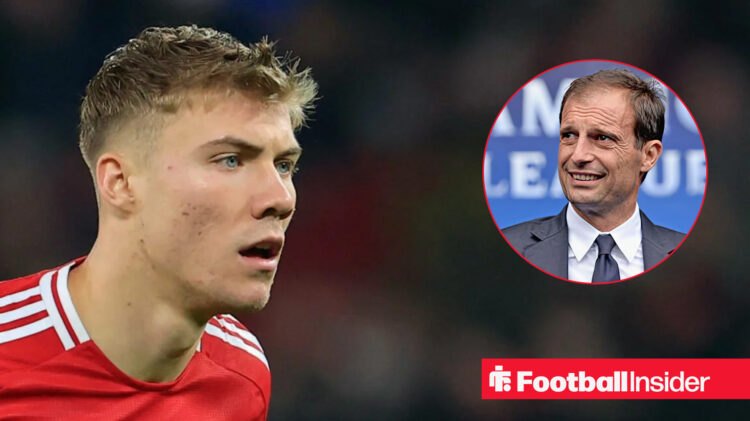 An image of Man United forward Rasmus Hojlund alongside AC Milan boss Max Allegri