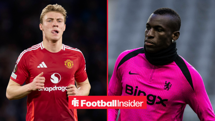 Rasmus Hojlund in a Manchester United shirt alongside Nicolas Jackson in Chelsea training gear