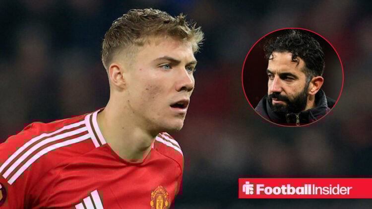 Man United's Rasmus Hojlund in action for the club looking at Man United manager Ruben Amorim who looks angry