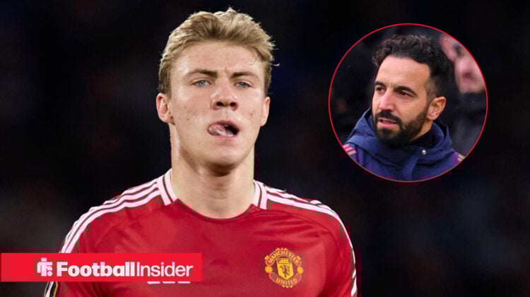 Rasmus Hojlund in a Man United shirt and Ruben Amorim included in a circular inset
