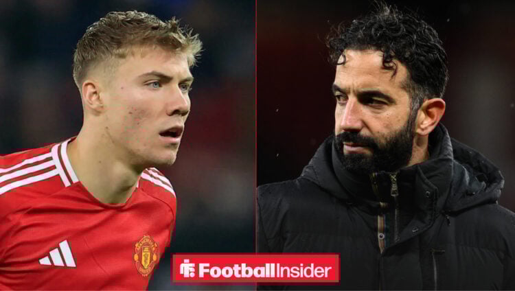 Rasmus Hojlund in a Man United shirt alongside Ruben Amorim