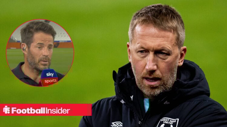 Graham Potter looks on during a West Ham game, next to an image of Sky Sports pundit Jamie Redknapp