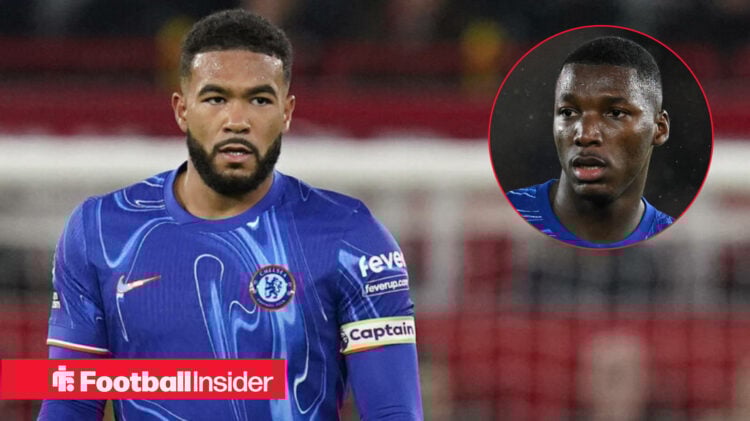 Chelsea captain Reece James in home shirt with Moises Caicedo circle inset