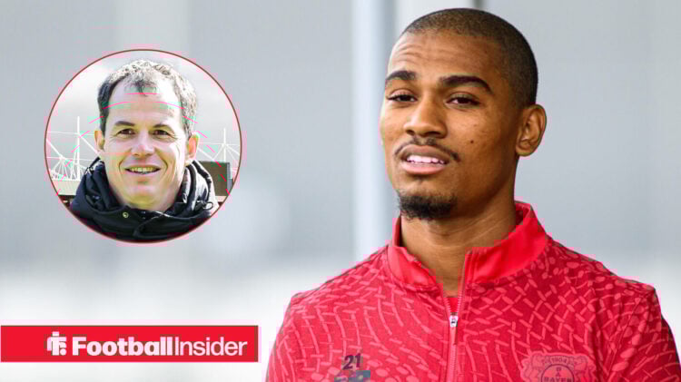 Sunderland manager Regis Le Bris smiling and Bayer Leverkusen's Amine Adli looking at him with a training top on