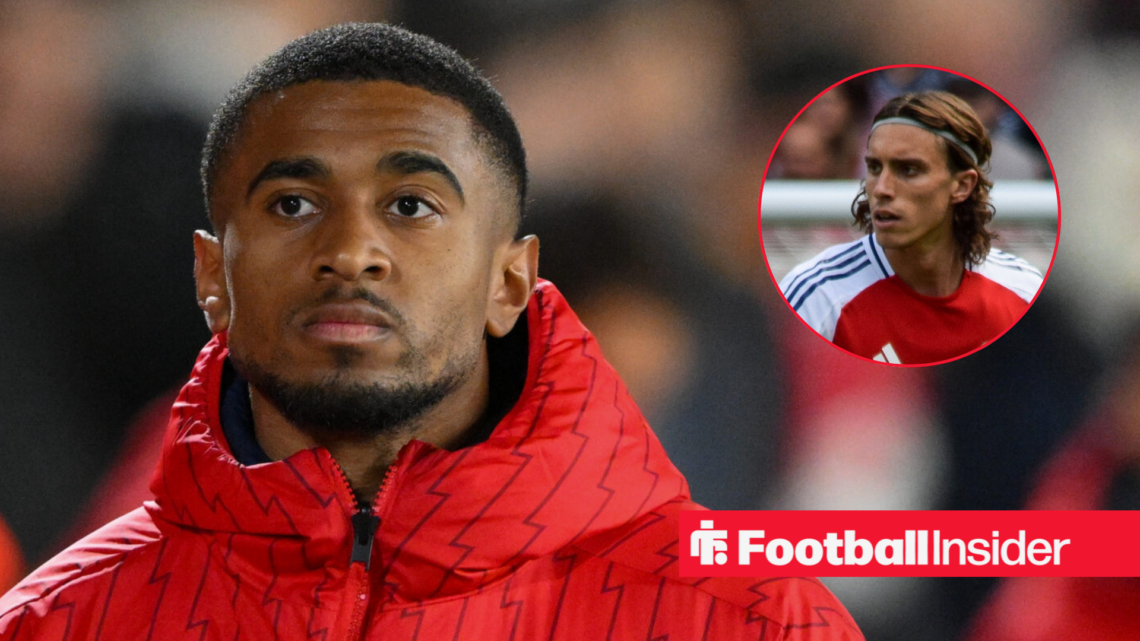 Reiss Nelson in Arsenal coat with Riccardo Calafiori inset