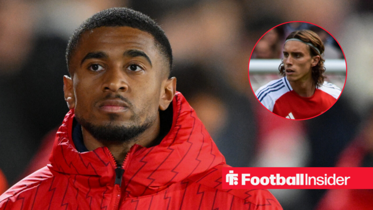 Reiss Nelson in Arsenal coat with Riccardo Calafiori inset