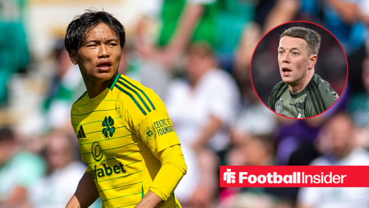 Reo Hatate in a Celtic shirt, Callum McGregor in a circular inset