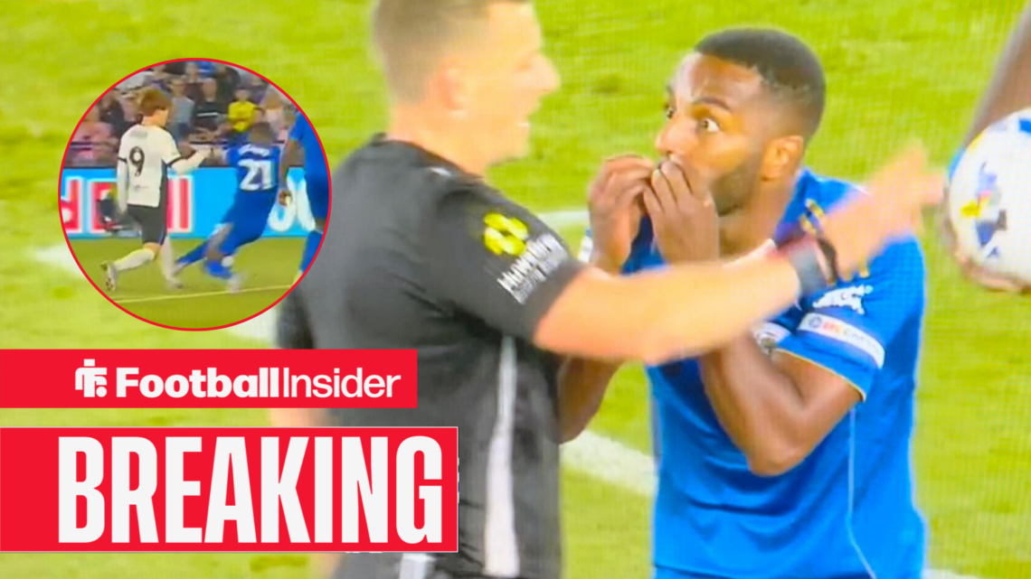 Ricardo Pereira pleading with the referee, his challenge on Kyogo Furuhashi in a circular inset