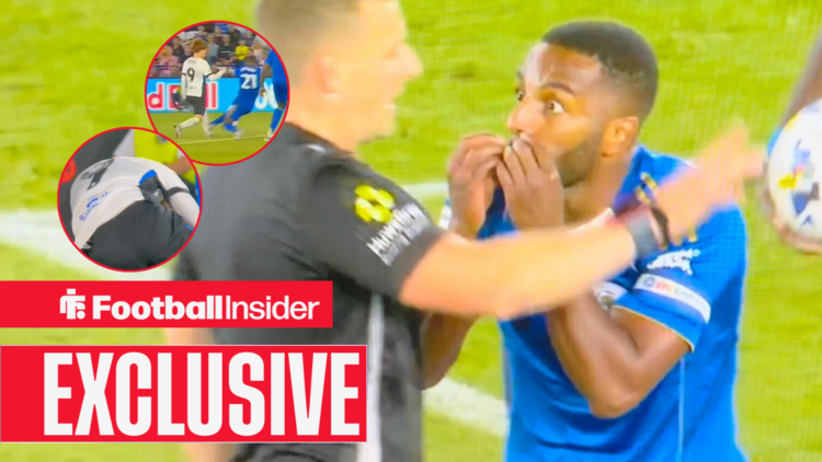 Ricardo Pereira arguing with referee, tackle on Kyogo Furuhashi in circular insets