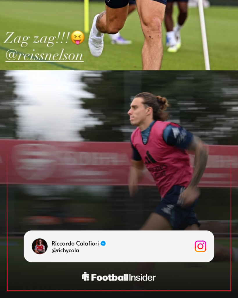 Riccardo Calafiori in training with Reiss Nelson