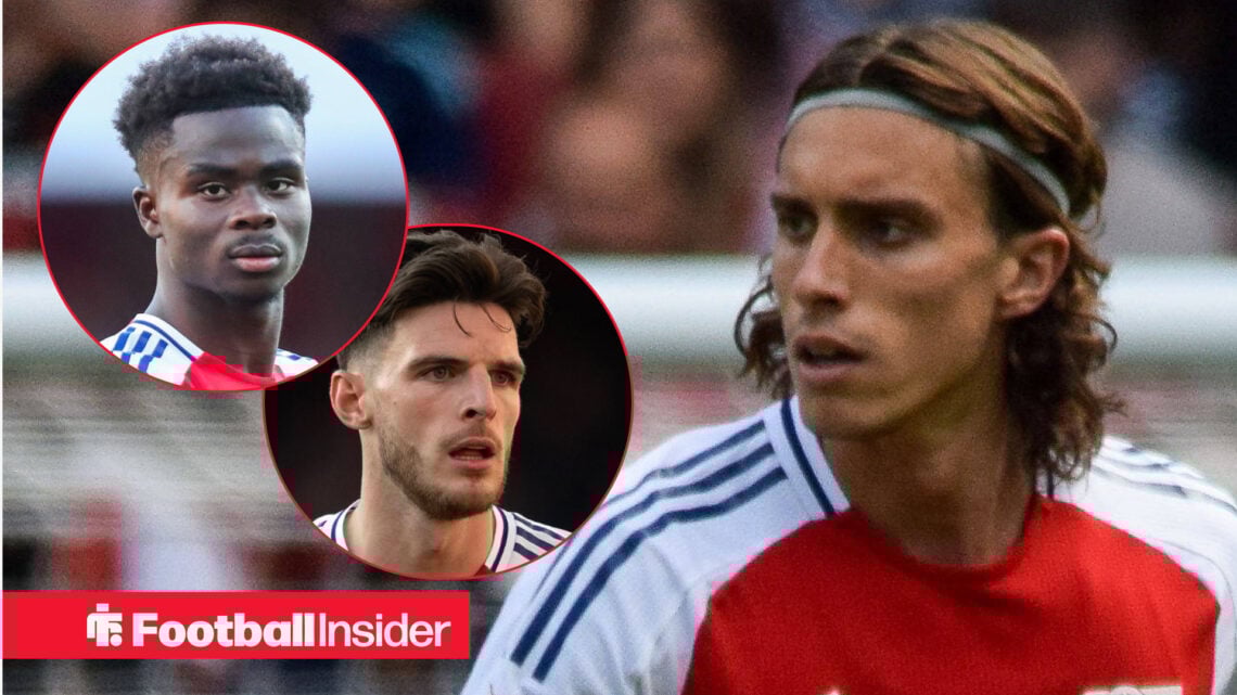 Riccardo Calafiori at Emirates Stadium with Bukayo Saka and Declan Rice