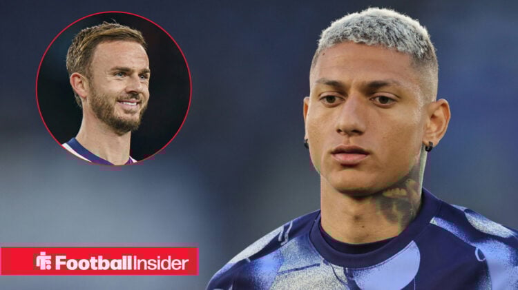 Richarlison in Spurs training kit with James Maddison smiling in inset