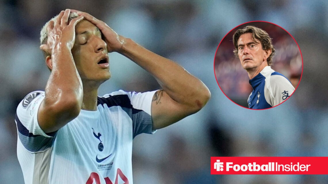 Richarlison with his hands on his head, Thomas Frank in a circular inset