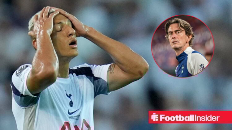 Richarlison with his hands on his head, Thomas Frank in a circular inset