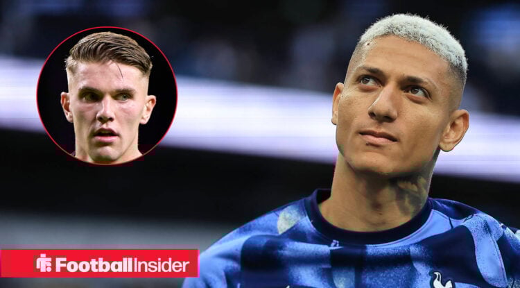 Richarlison in a Spurs warm up top, with Viktor Gyokeres included in a circular inset.