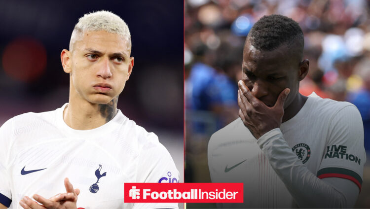 Richarlison on the left puffing out his cheeks in a white Tottenham shirt and Nicolas Jackson on the right in a white Chelsea shirt with his hand t...