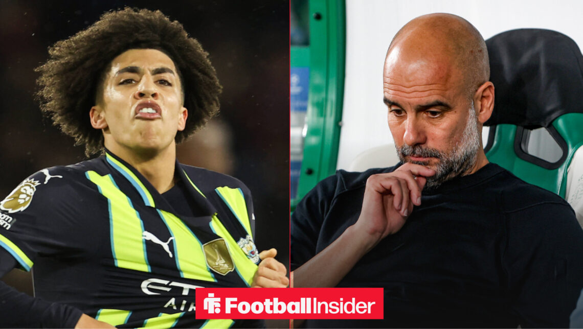 Rico Lewis holding Man City badge alongside Pep Guardiola with his hand on his chin