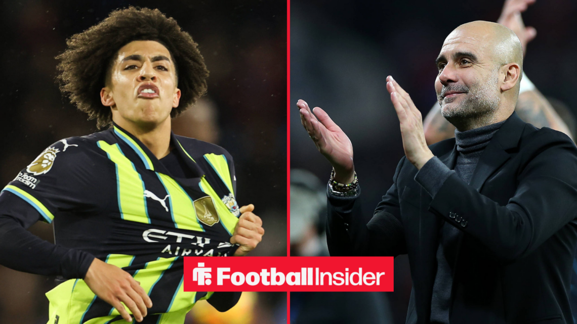 Rico Lewis in a Man City shirt alongside Pep Guardiola clapping