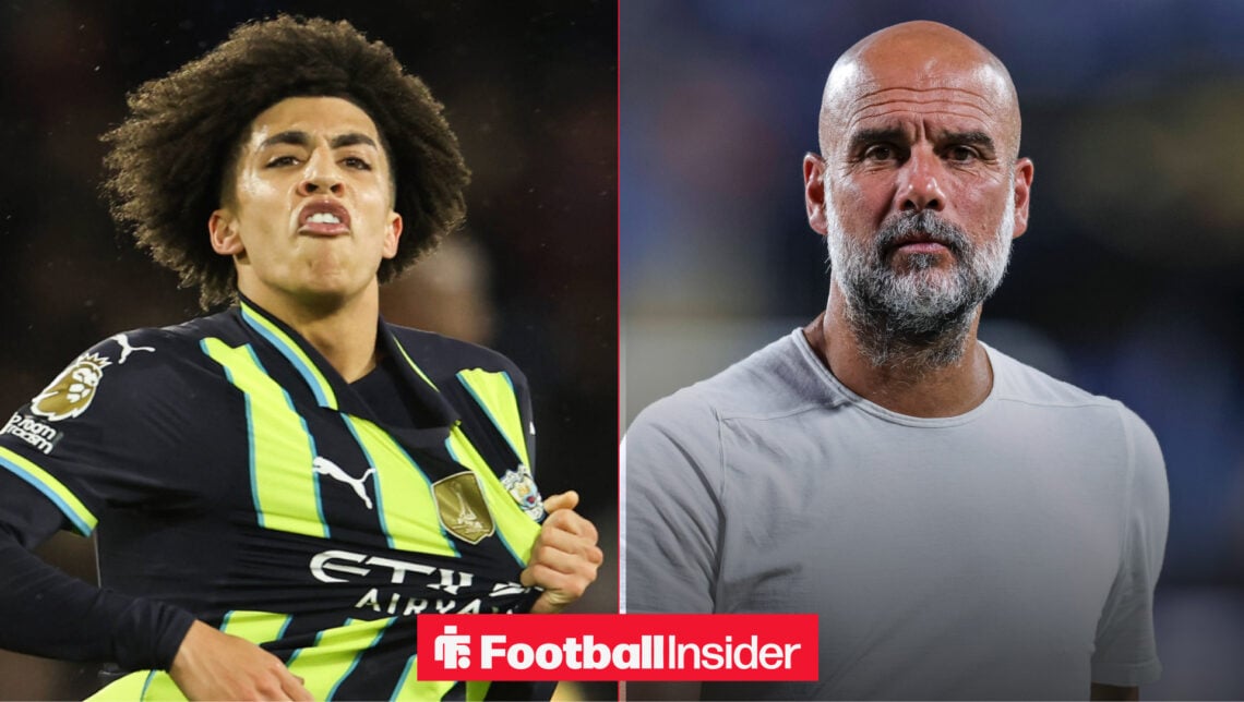Rico Lewis holding Man City badge alongside Pep Guardiola looking upset