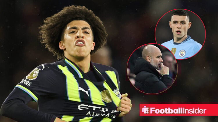 Rico Lewis grabbing his shirt, Pep Guardiola and Phil Foden in circular insets