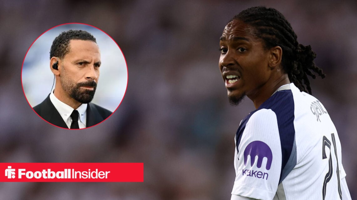 Spurs defender Djed Spence shouting to a teammate, alongside an image of Rio Ferdinand.