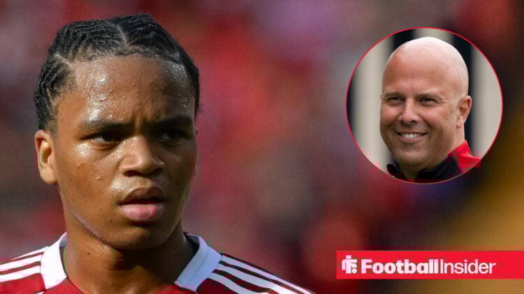 Liverpool winger Rio Ngumoha alongside a circular inset of manager Arne Slot
