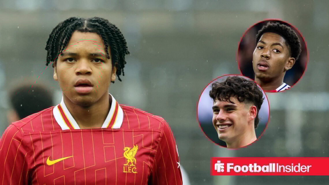 Rio Ngumoha in a Liverpool shirt alongside head shots of Myles Lewis-Skelly and Archie Gray
