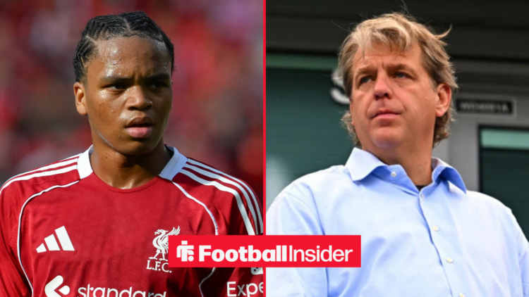 Rio Ngumoha in a Liverpool shirt alongside Chelsea co-owner Todd Boehly