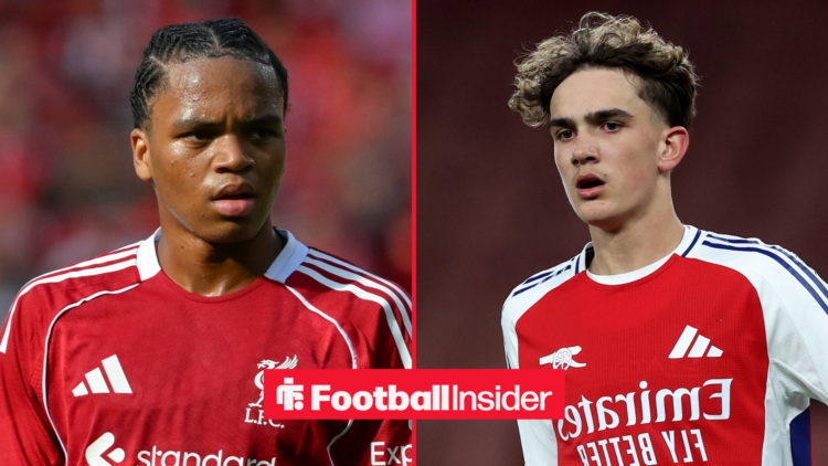 Rio Ngumoha on the left for Liverpool looking focused and Max Dowman on the right for Arsenal looking focused