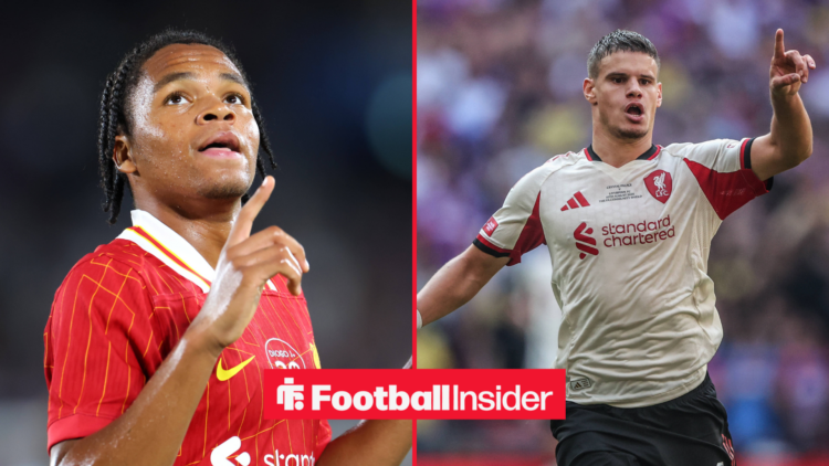 Rio Ngumoha in a red Liverpool kit next to Milos Kerkez in a white Liverpool kit