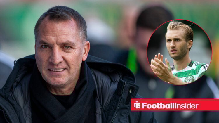 Brendan Rodgers smiling as he arrves at a Celtic match, alongside an image of Benjamin Nygren.