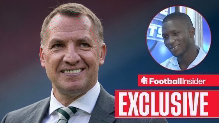 Brendan Rodgers smiling with Sambou Soumano in a circular inset.