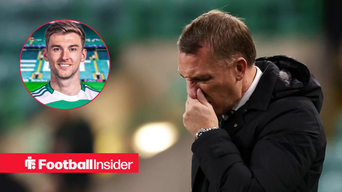 Brendan Rodgers looking down, Kieran Tierney in a Celtic kit