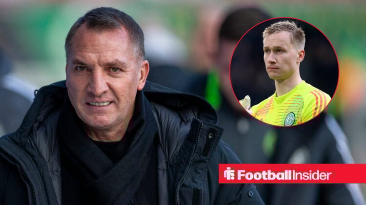 Celtic boss Brendan Rodgers smiling, next to an image of goalkeeper Viljami Sinisalo.