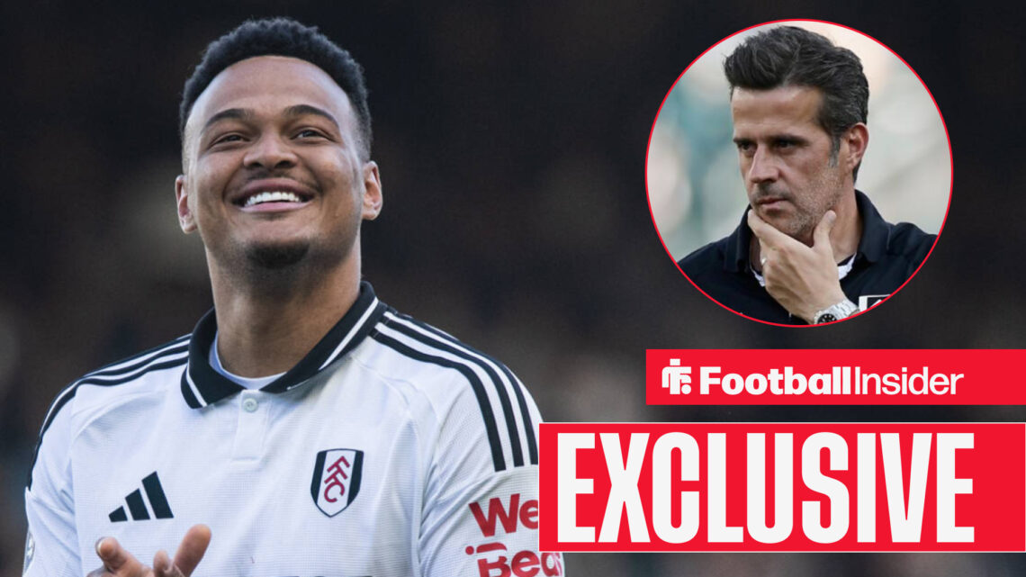 Rodrigo Muniz smiling in a Fulham kit, Marco Silva in a circular inset